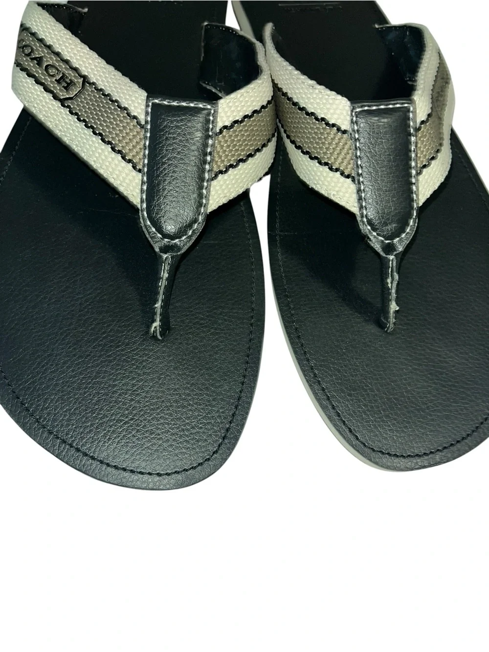 Coach Men's Black Flip Flops with khaki and black Stripe Webbing